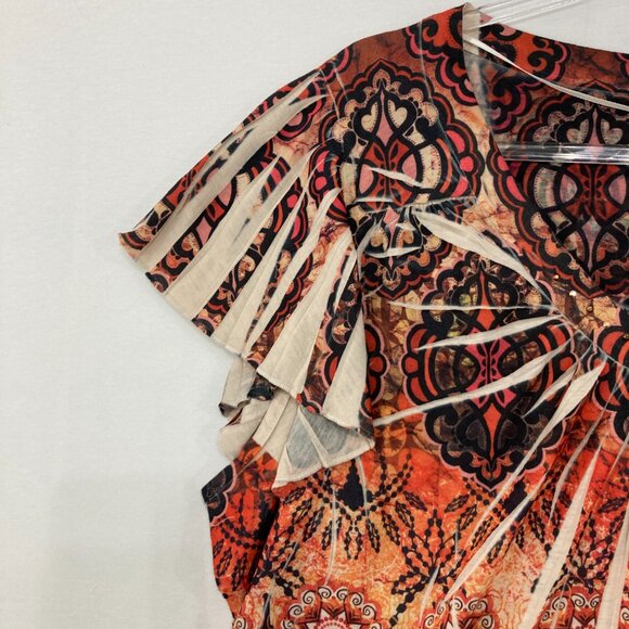 One World size 3X Red Brown Boho Artsy Flutter Sleeve Blouse Vacation Festival - Picture 4 of 9